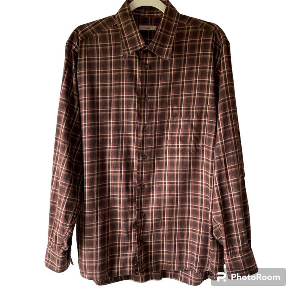 Burberry London Men’s Plaid Brown Red Cotton Button Long Sleeve Shirt Sz L